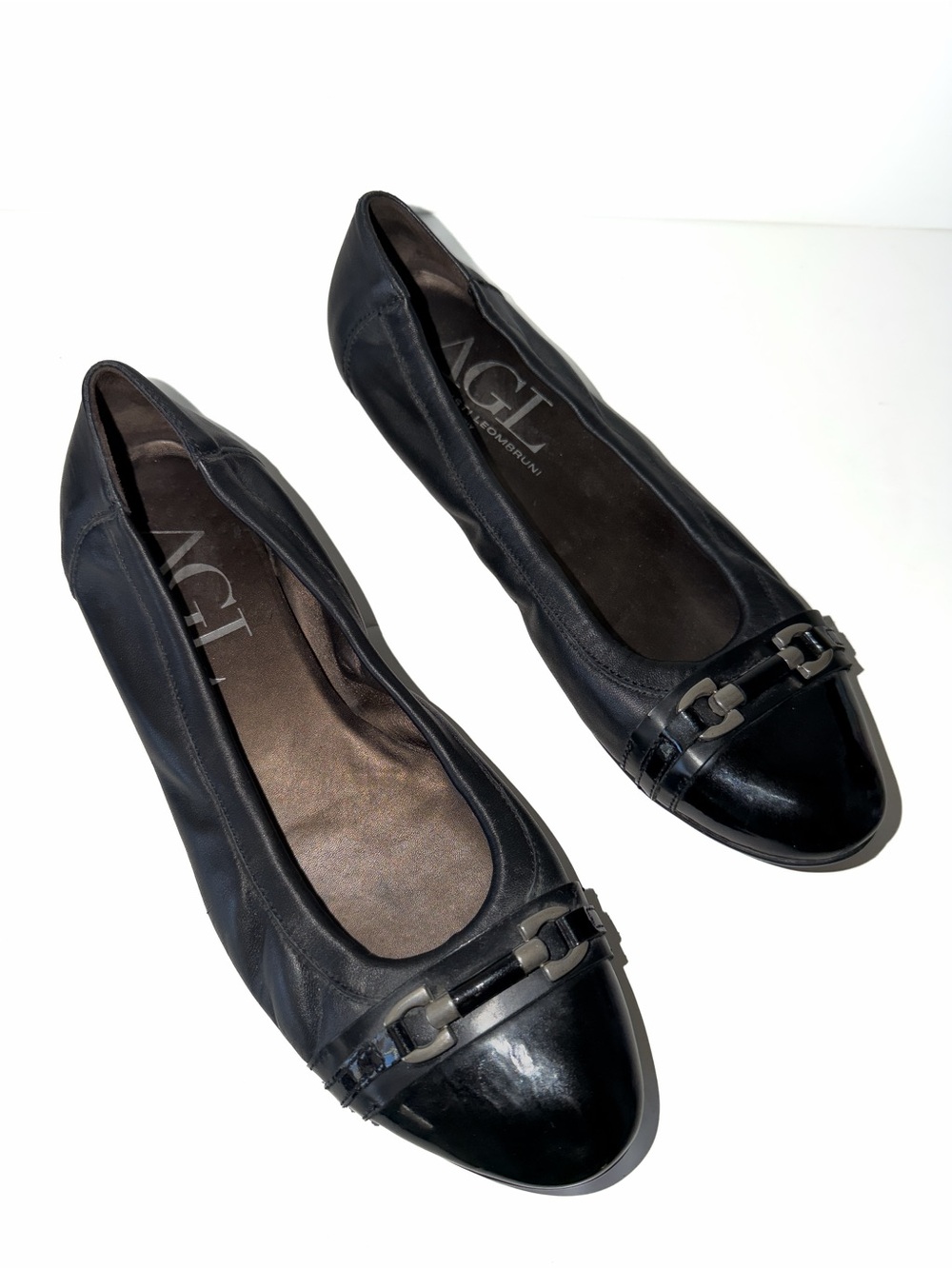 AGL Black Ballet Flats Patent Cap Toe Black Leather Pewter Buckle Women Sz 41/10 - Picture 12 of 12